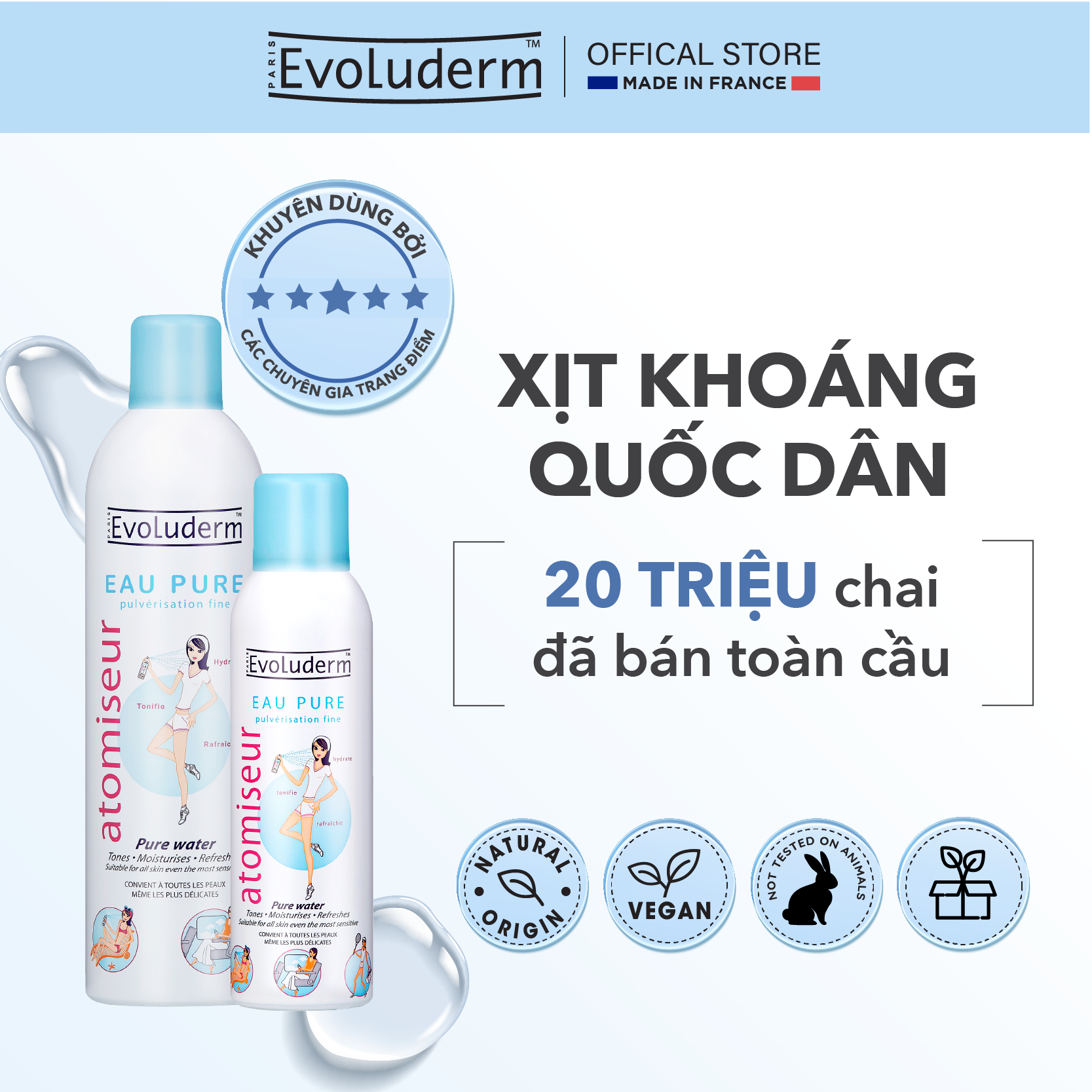 Bộ 2 sản phẩm Xịt Khoáng dưỡng da cấp ẩm Evoluderm Atomiseur Eau Pure 400ml và 150ml