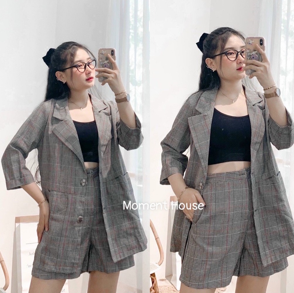 Set kẻ caro áo vest ngang mông mix chân váy caro quảng châu b67