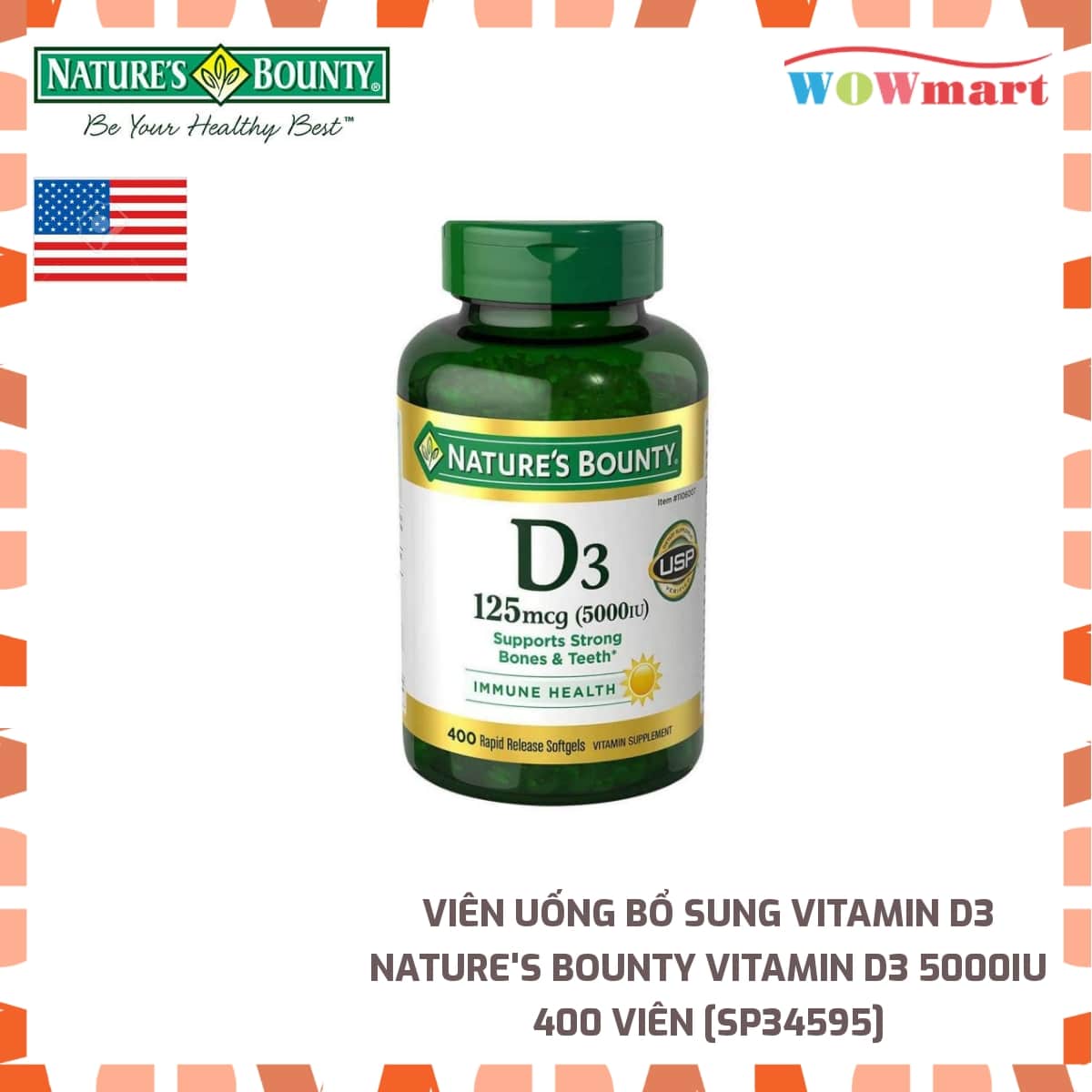 Viên uống bổ sung Vitamin D3 Nature's Bounty Vitamin D3 5000IU 400 viên - MỸ