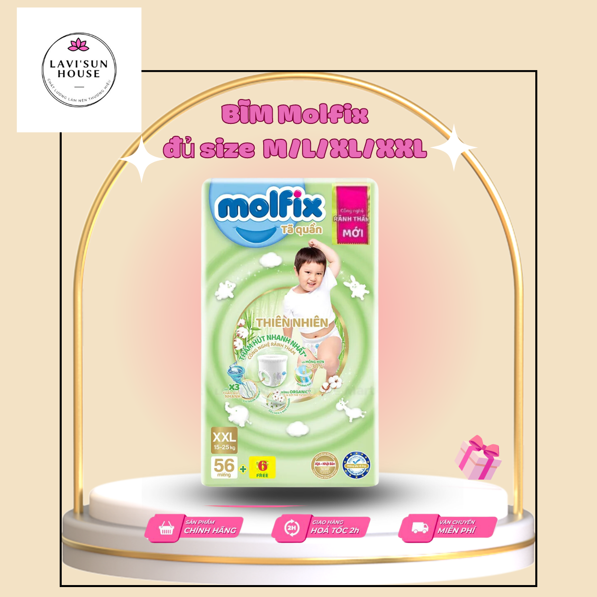 Tã/bỉm quần molfix thiên nhiên ultra size m76/l68/xl62/xxl56+6 miếng tã quần molifix