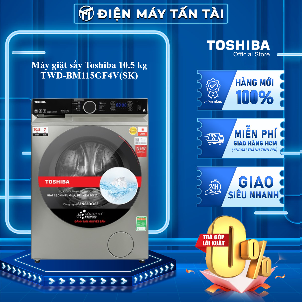 Máy giặt sấy toshiba 10.5 kg twd-bm115gf4v - giao toàn quốc - freeship hcm