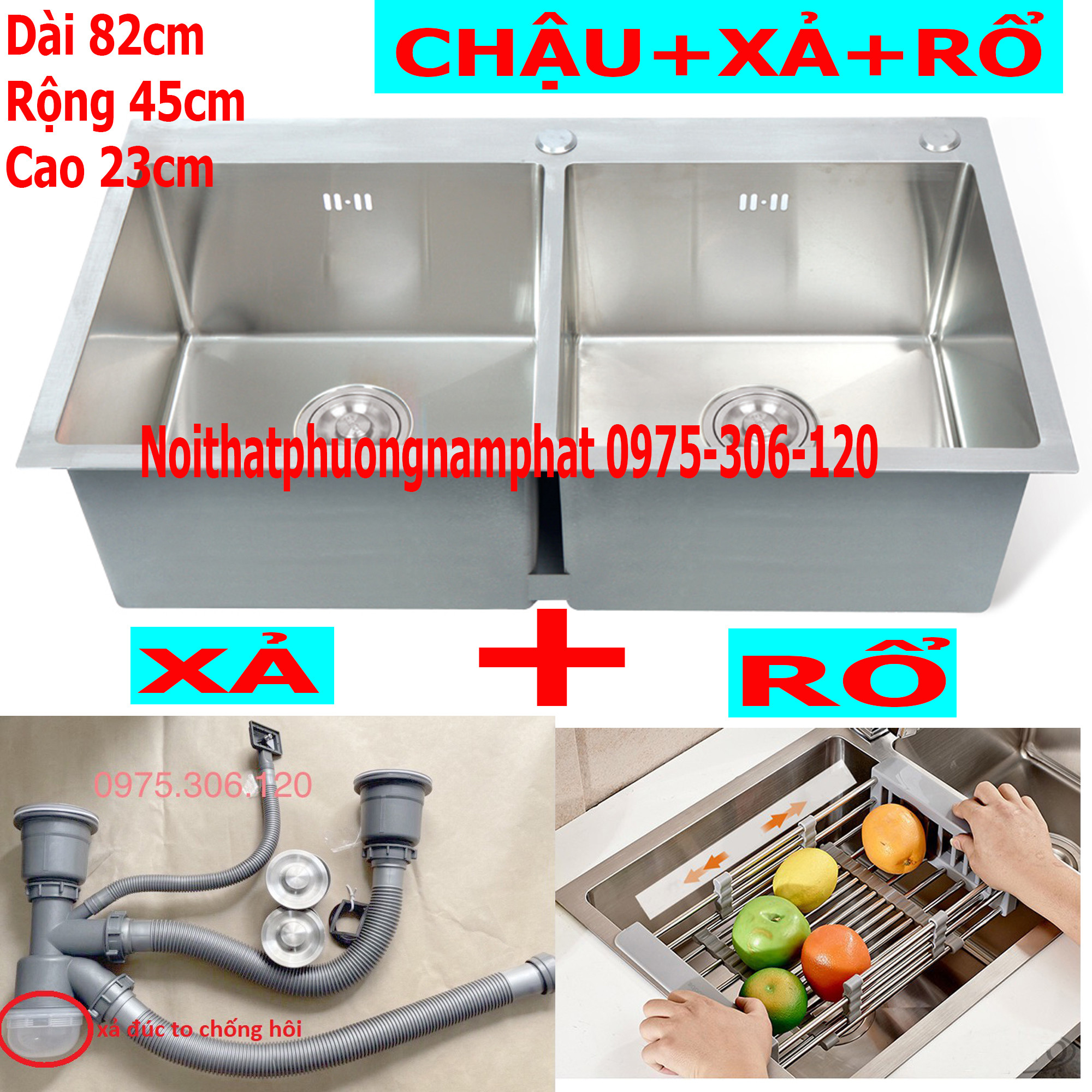 [HCM][CHẬU ĐÚC] Combo Chậu Rửa Chén Bát INOX 304 N5 8245 NA.GRAND và Xả chậu Thoát Nước và Rổ Rút Đa Năng