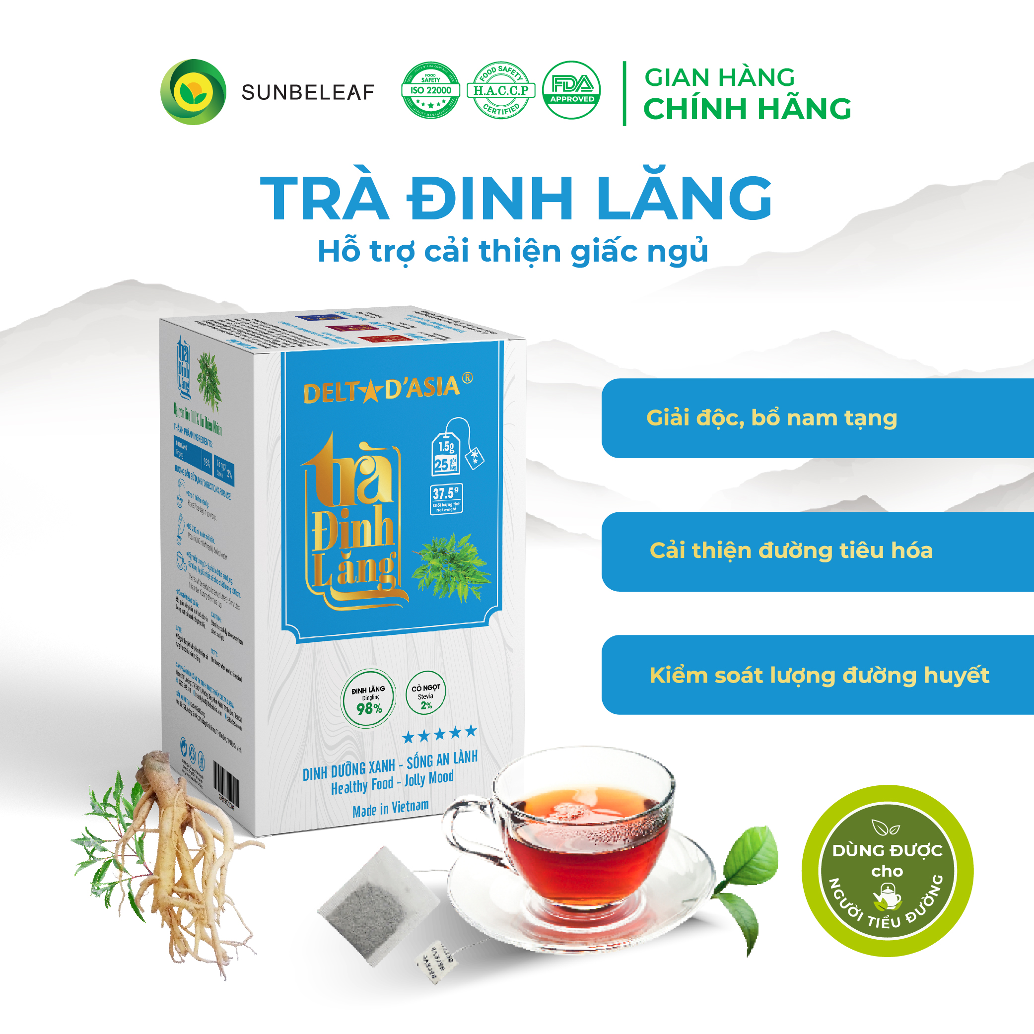 Trà thảo mộc đinh lăng delta, trà lúi lọc giúp dễ ngủ, cải thiện tình trạng mất ngủ, an thân ngủ ngon, trà túi lọc 25 gói