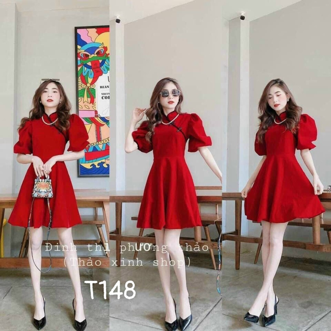 Đầm tay phông dáng xoè cổ tàu umi cao cấp T148