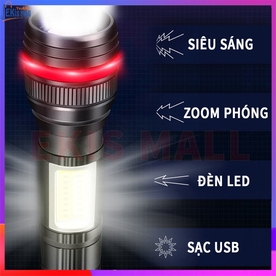 Đèn pin cầm tay siêu sáng ánh sáng cực mạnh Sạc Usb tầm xa 500m Chống nước