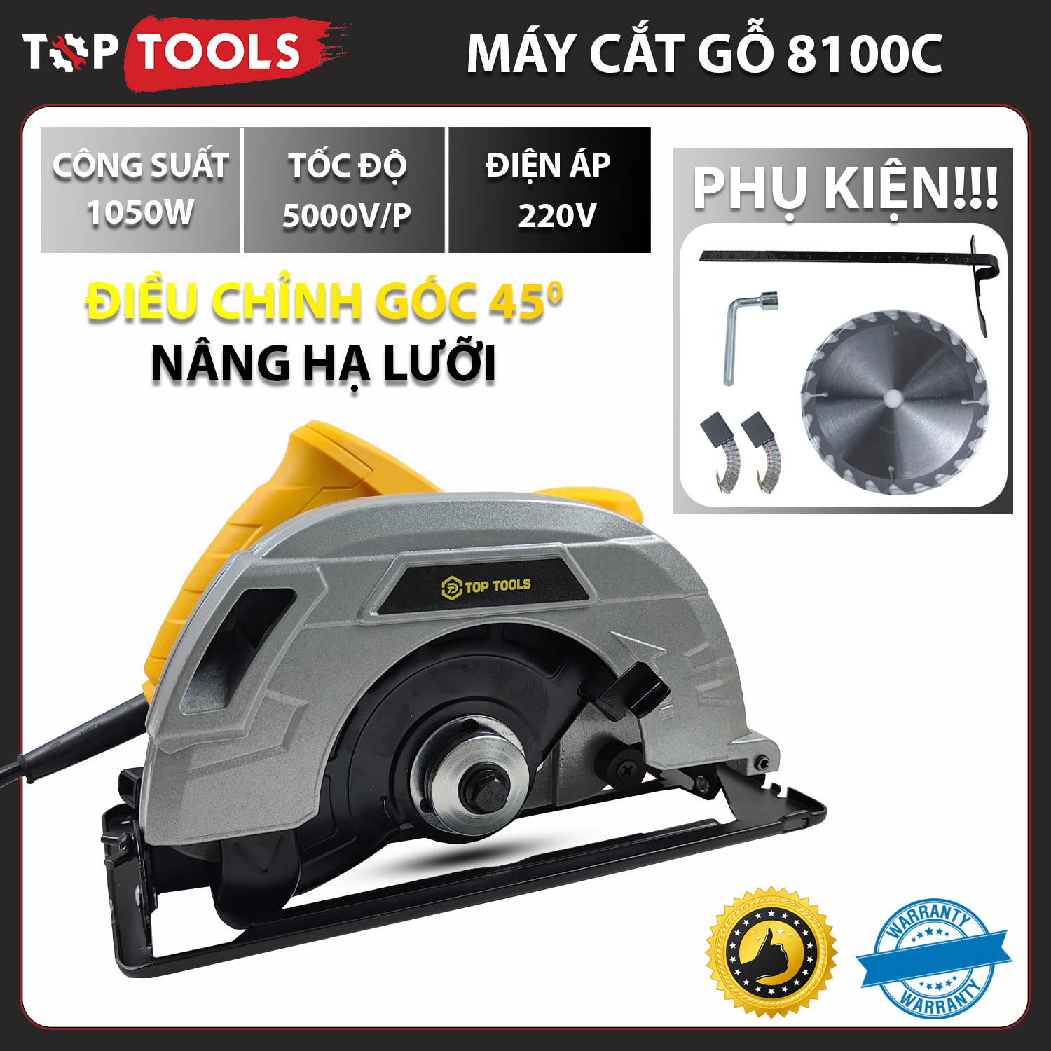 Máy cắt gỗ cầm tay ggg 8100b công suất 1050w, tốc độ 6000v/p lưỡi cắt 185mm, nâng hạ lưỡi, cắt góc 45 độ, tặng chổi than, lưỡi cắt, bảo hành 3 tháng