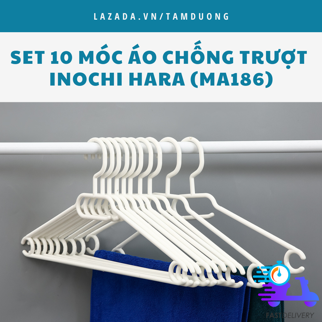 Set 10 Móc áo chống trượt Inochi (MA 186) - Chất liệu nhựa PP nguyên sinh cao cấp, với độ chịu lực tốt, bền đẹp theo thời gian sử dụng [HCM-Giao hoả tốc 2h]