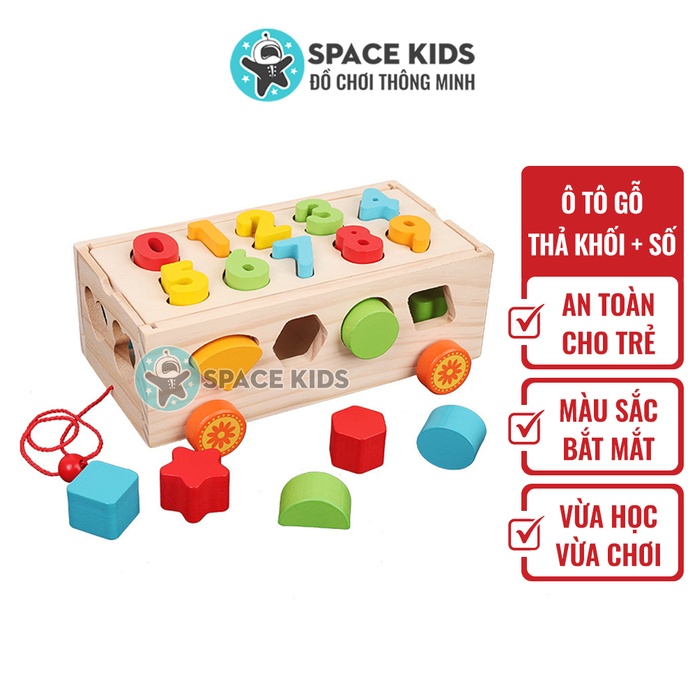 Đồ chơi trẻ em thông minh Xe ô tô thả hình khối và lắp ghép số cho bé trai bé gái chất liệu gỗ tự nhiên Space Kids