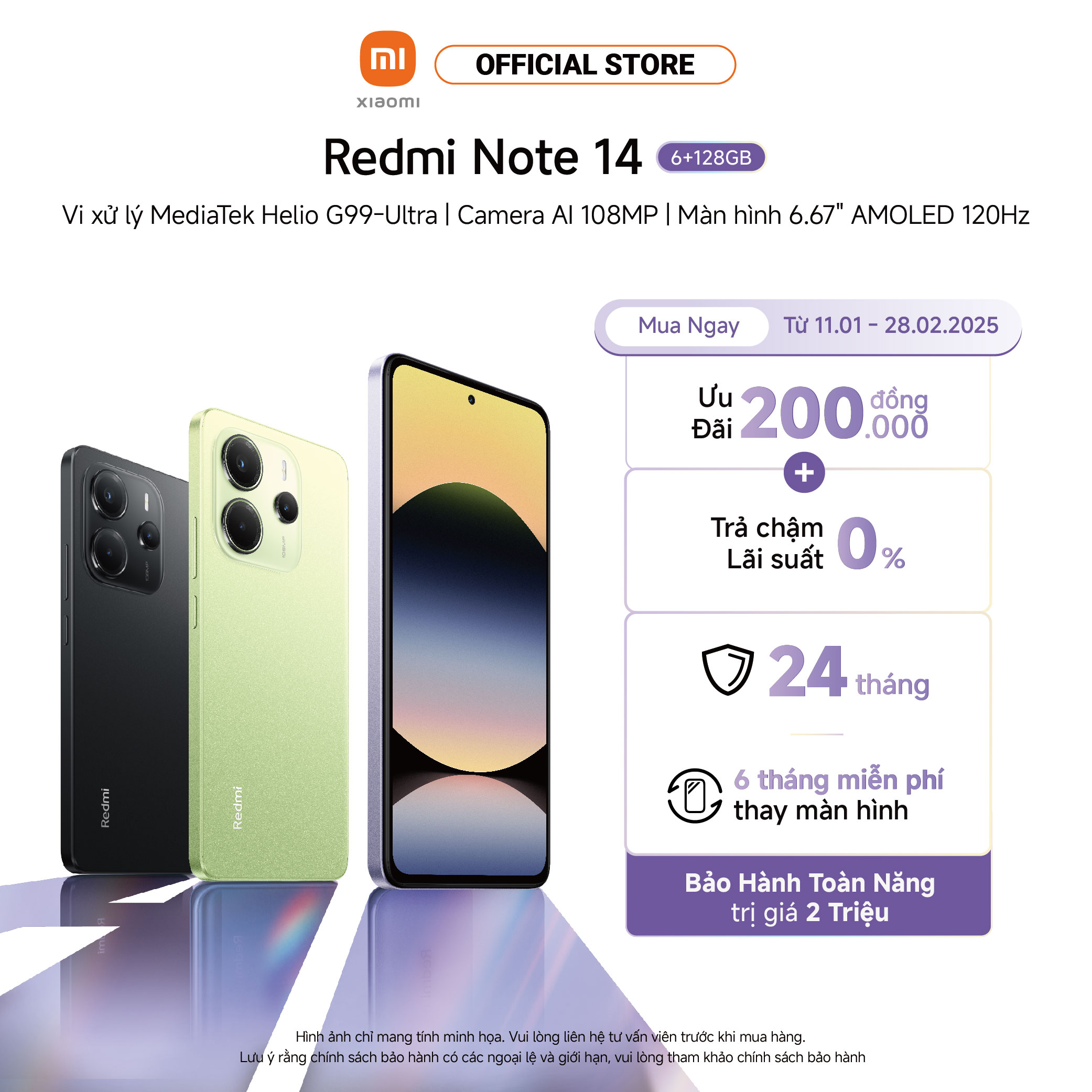 Điện thoại thông minh Redmi Note 14 (6+128GB) | Camera AI 108MP | MediaTek Helio G99-Ultra | Pin 550