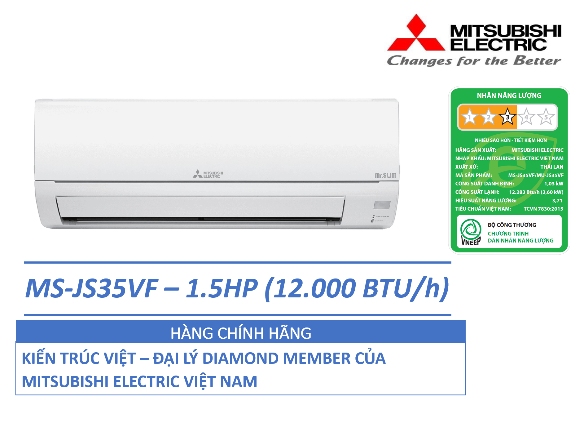 ĐIỀU HÒA KHÔNG KHÍ (MÁY LẠNH) MITSUBISHI ELECTRIC MS-JS35VF - 1.5HP (12,000 BTU/h) - NON-INVERTER - 