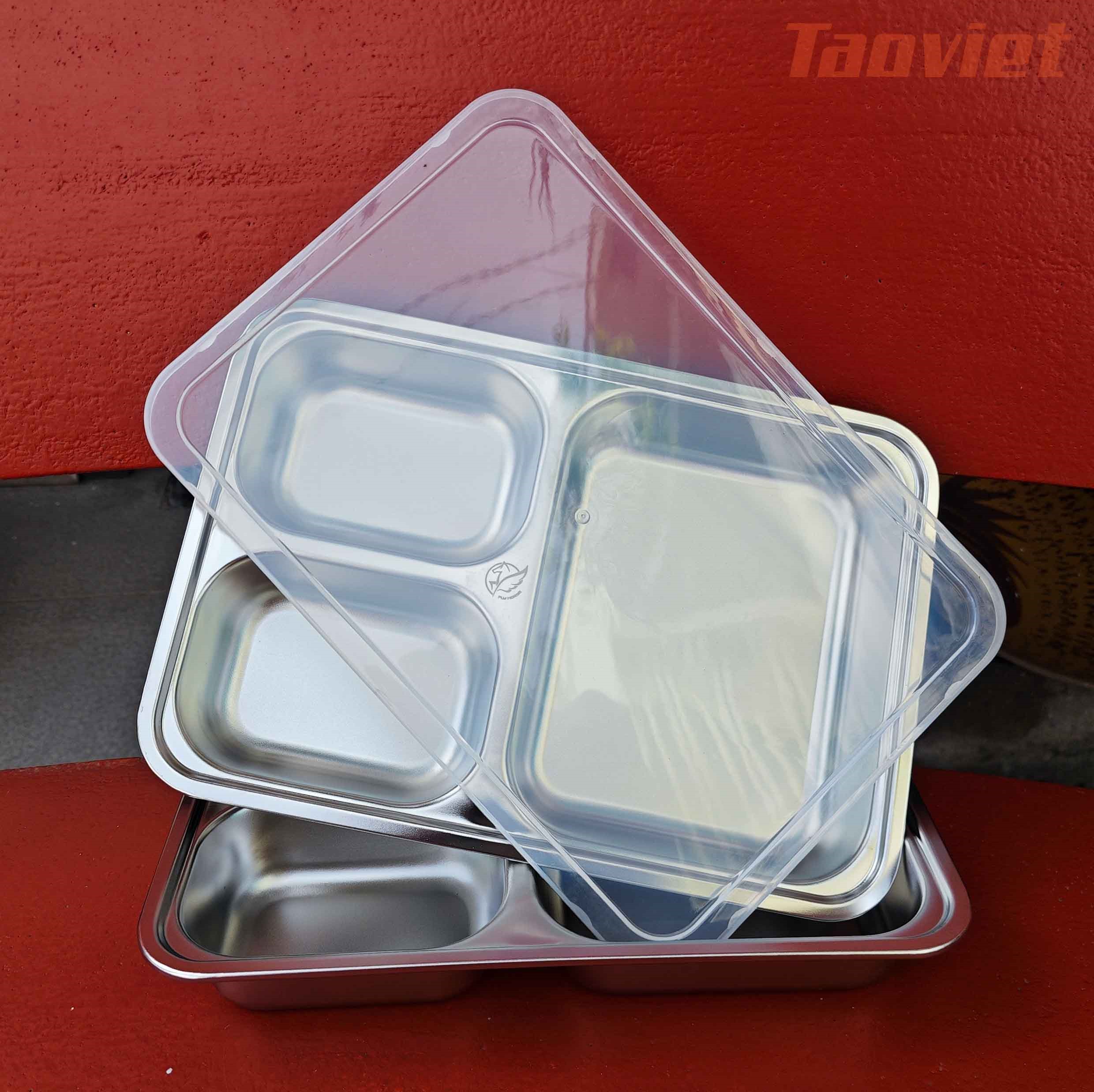 Khay cơm phần cỡ 26*18cm inox 201 khay 3 ngăn cỡ nhỏ tiểu học hình chữ nhật