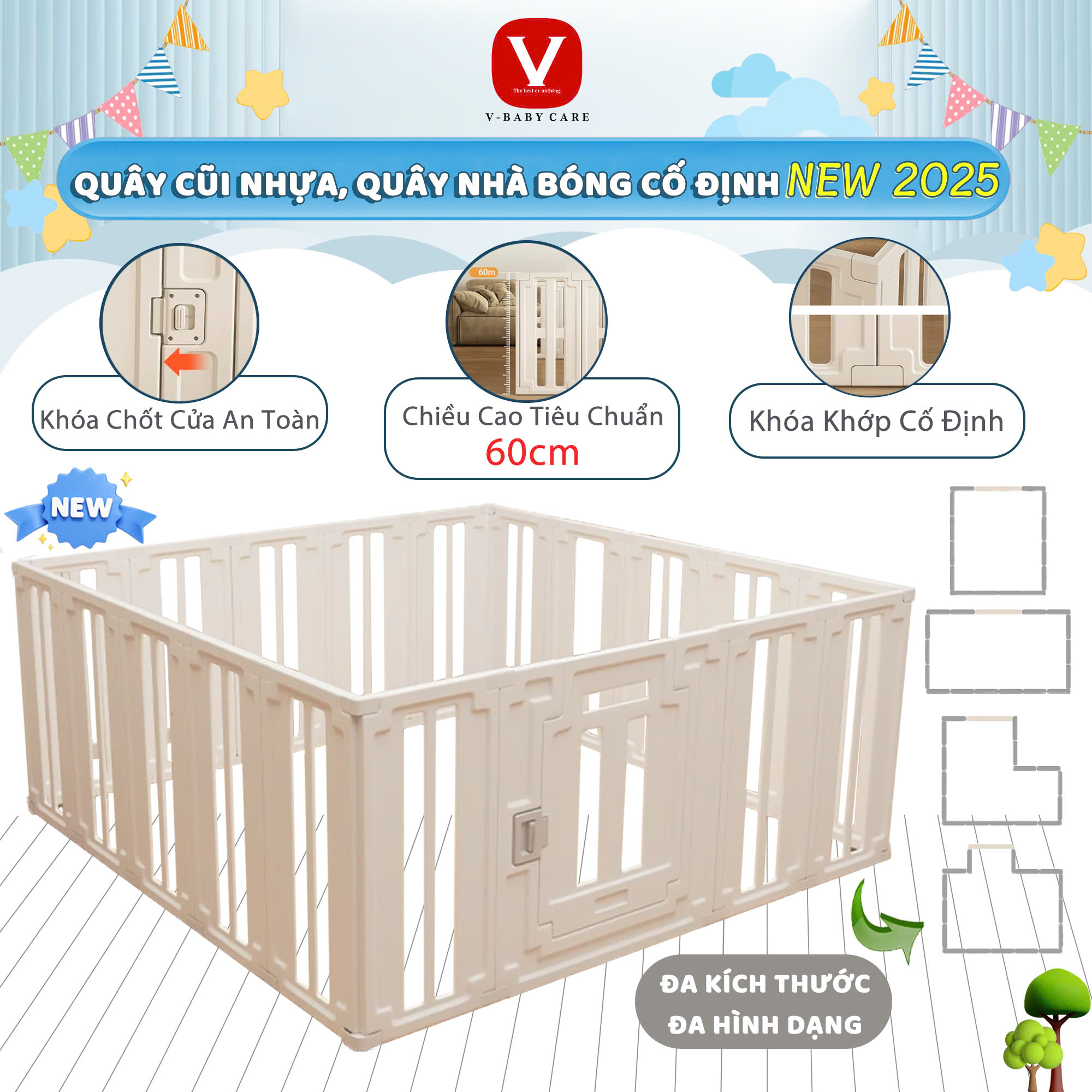 Quây Cũi Nhựa , Quây Nhà Banh Nhựa Cố Định Cho Bé V-BABY 2025
