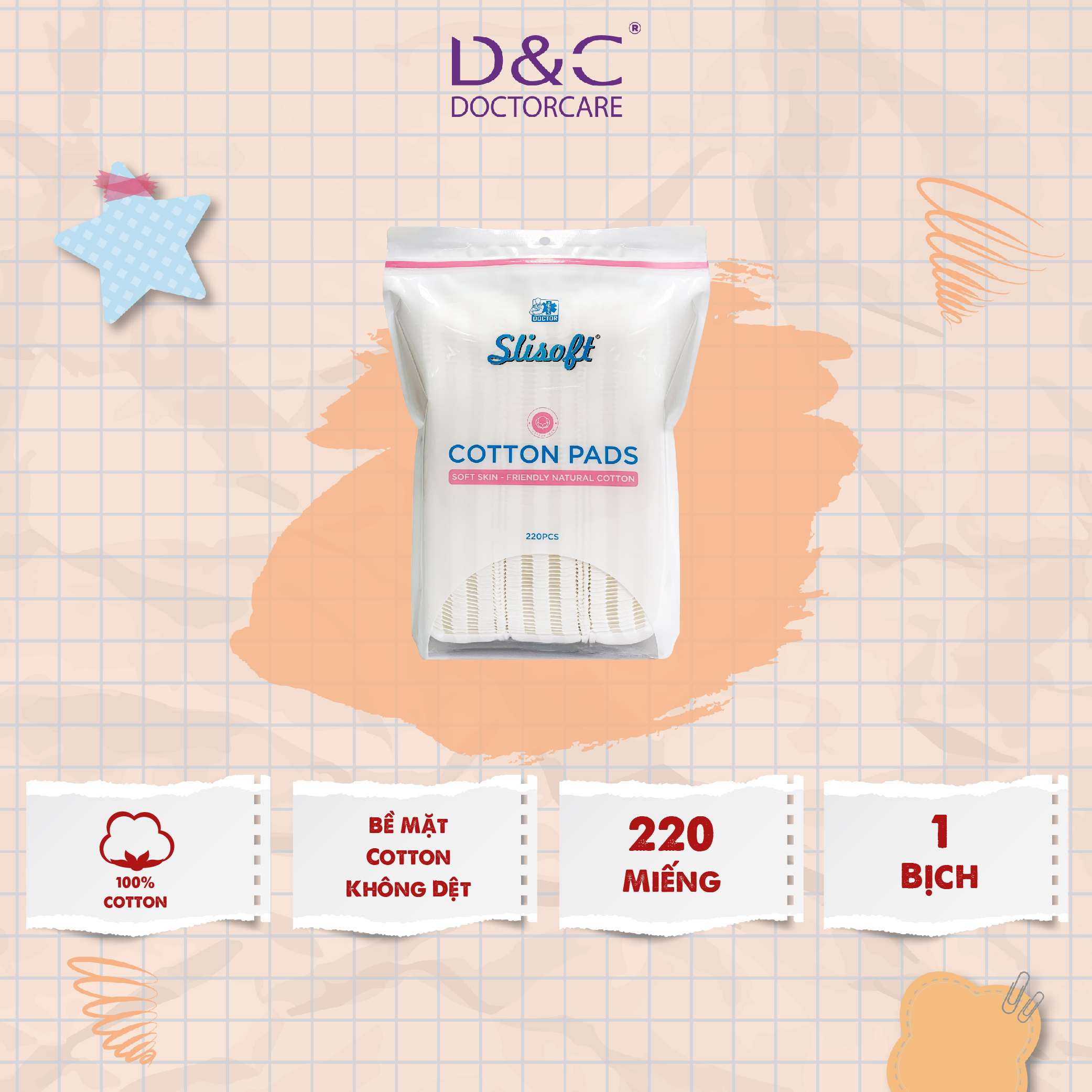 Bông tẩy trang 220 miếng Slisoft, bông tẩy trang cao cấp 2 lớp mặt cotton không dệt bên trong 100% bông tự nhiên