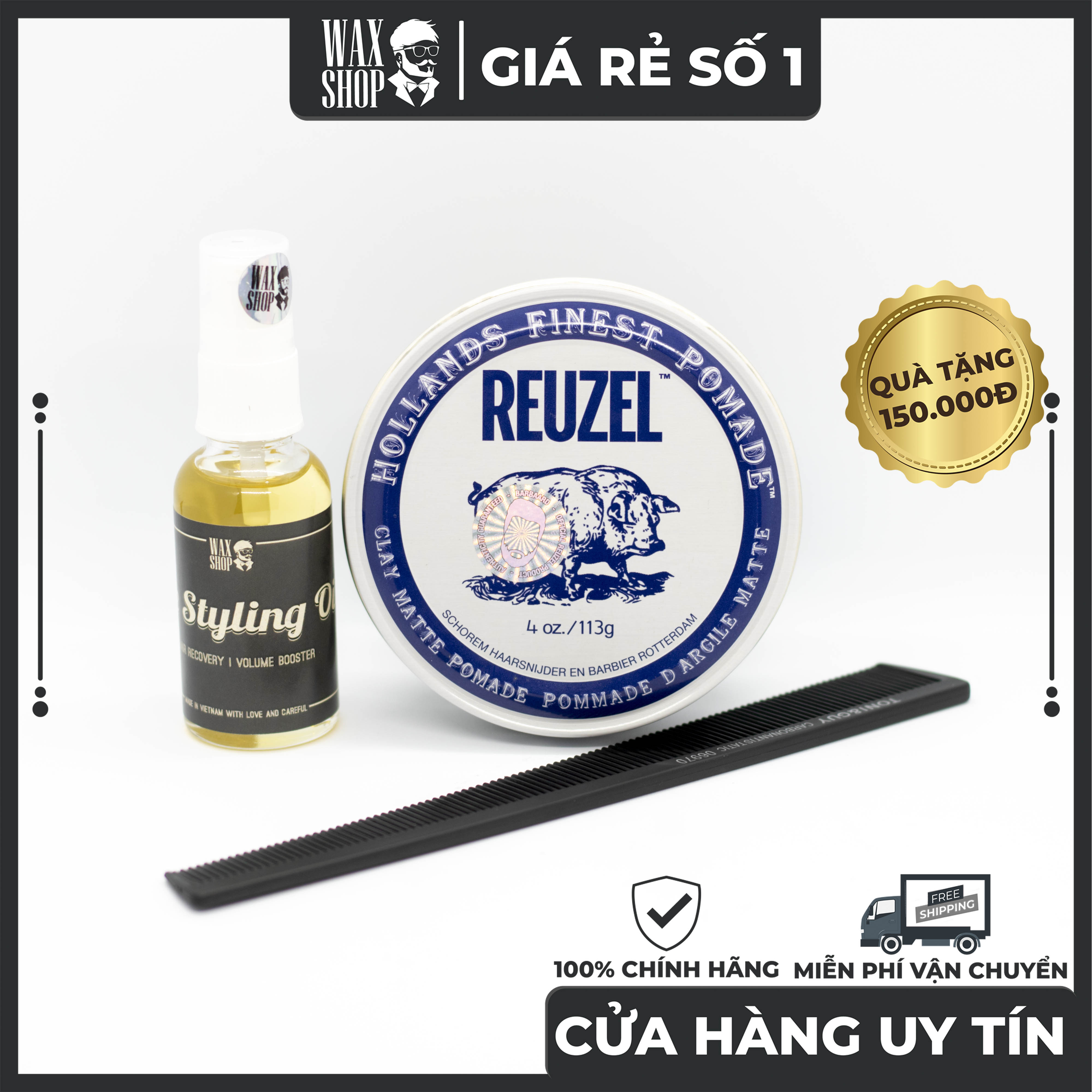 Sáp vuốt tóc reuzel clay matte pomade 35gr|113gr ⚡ ⚡siêu thơm giữ nếp tốt tặng kèm pre-styling oil và lược