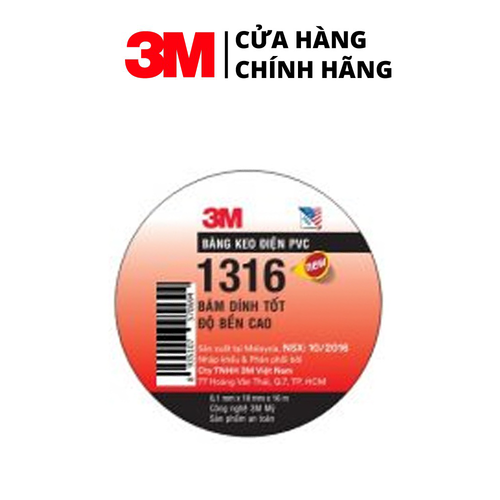 [5 Cuộn] Băng Keo Điện 3M PVC 1316, Màu Đen, Khổ 18mm x 16m x 0.1mm
