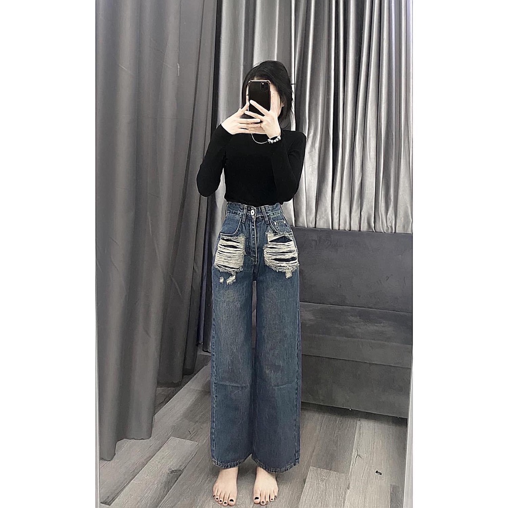 Quần baggy jean nữ ống rộng lưng cao màu xanh phối rách, quần baggy nữ chất bò không giãn thời trang THUHUONGSHOP MS40