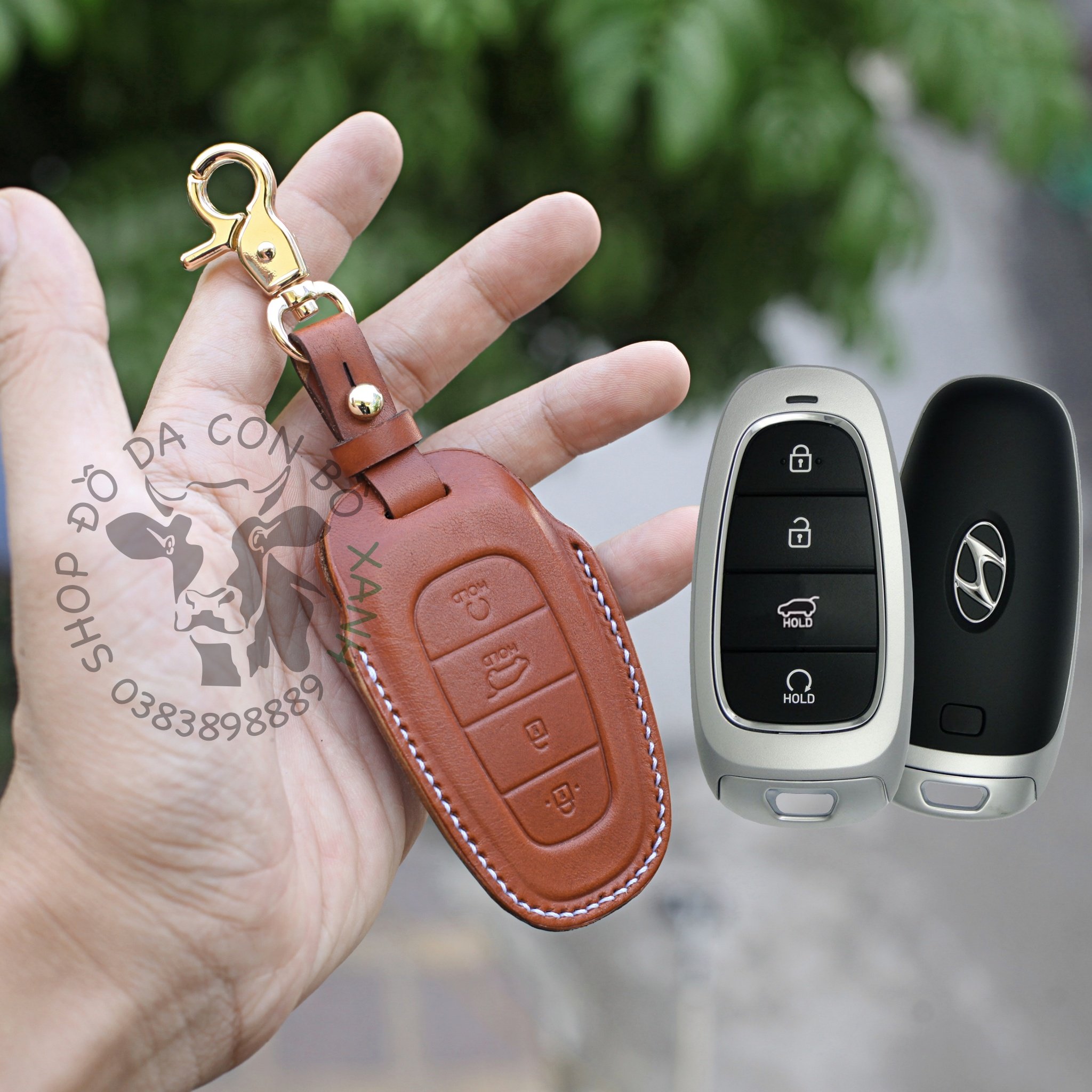 Bao Da Chìa Khoá Ép Phom Hyundai SantaFe 2021, tucson 2022 allnew handmade da thật 011e