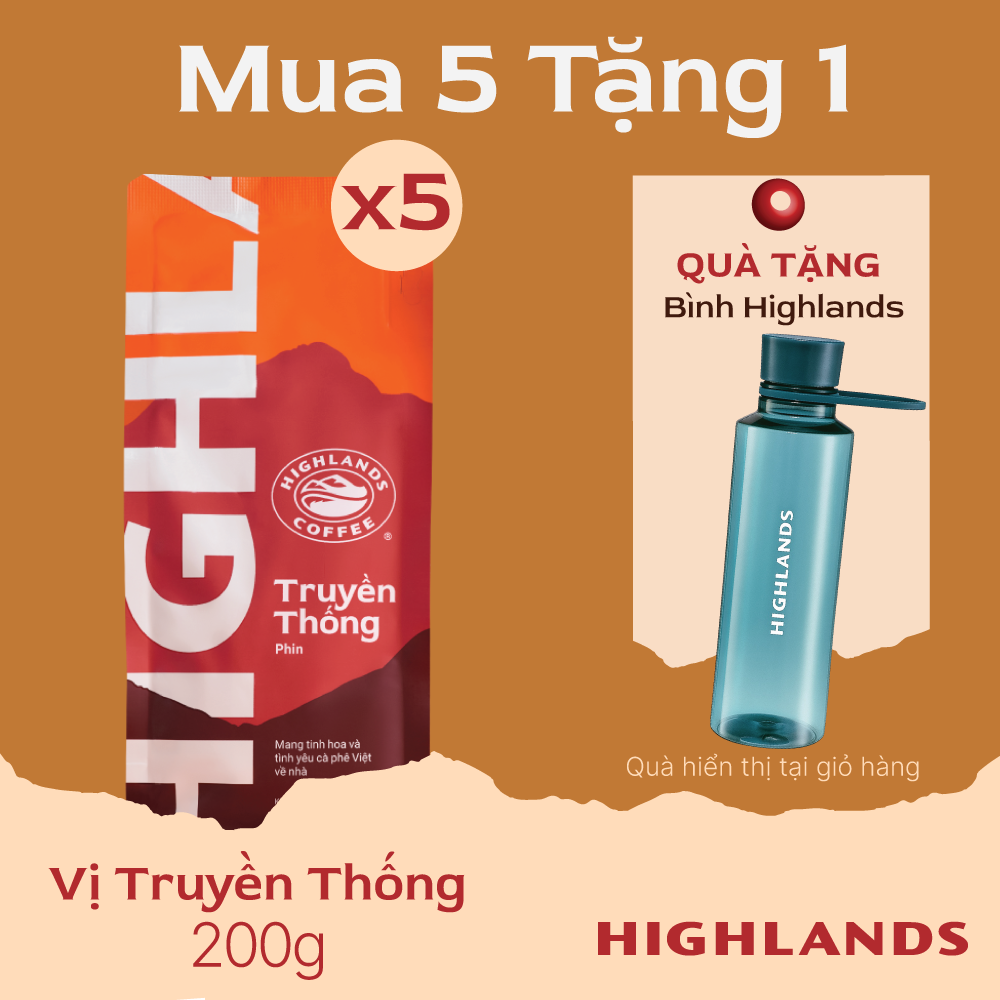 [SALE DIỆU KỲ 20H 09-12.10: Mua 5 tặng 1- Tặng 01 bình nước Highlands] COMBO 5 gói Cà phê rang xay Truyền Thống Highlands Coffee 200g. Quà tặng hiển thị tại giỏ hàng