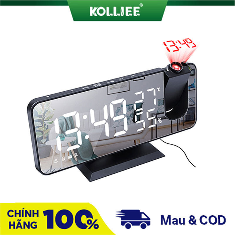 KOLLIEE đồng hồ để bàn Báo Thức Màn Hình LED Kỹ Thuật Số Lớn Đồng Hồ Báo Thức Chiếu Radio Thiết Kế Mặt Gương Chạy Bằng Pin USB Đồng Hồ đồng hồ led để bàn đồng hồ led mặt gương