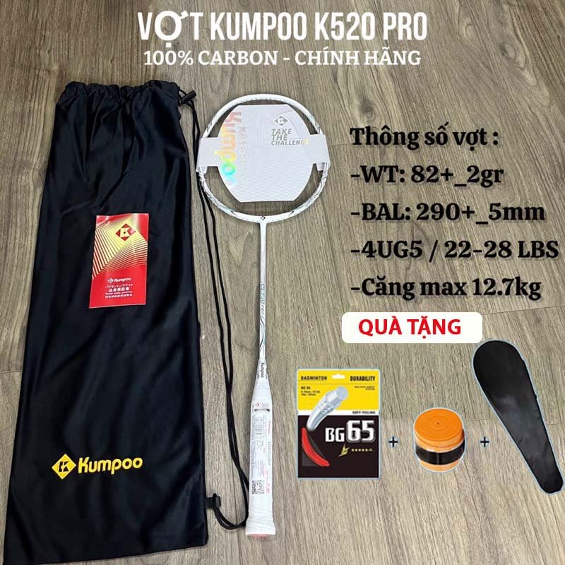 Vợt cầu lông kumpoo k520 pro căng sẵn 11kg khung carbon + tặng cuốn cán và bao đựng vợt