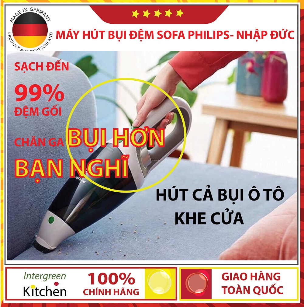 Máy hút bụi cầm tay không dây Philips ECO FC6148/01 (không túi, pin Li-ion 10,8V, công suất hút mạnh mẽ dạng máy Hút Bụi Khử Khuẩn. Vệ Sinh hút bụi Giường Nệm  cũng là máy hút bụi gia đình, hút bụi trong nhà và hút bụi cả xe ô tô