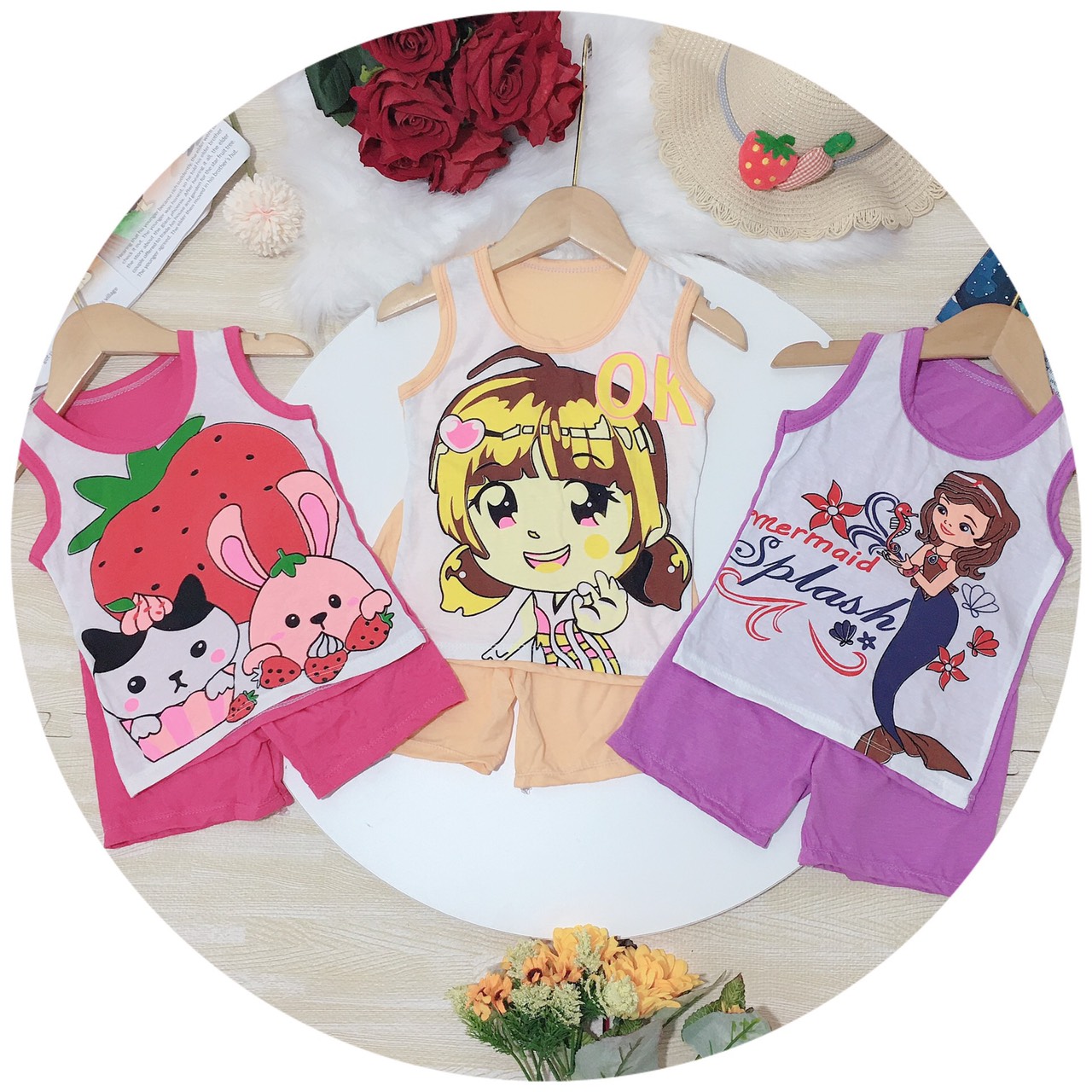 Combo 5 bộ ba lỗ cotton bé gái 8-22kg