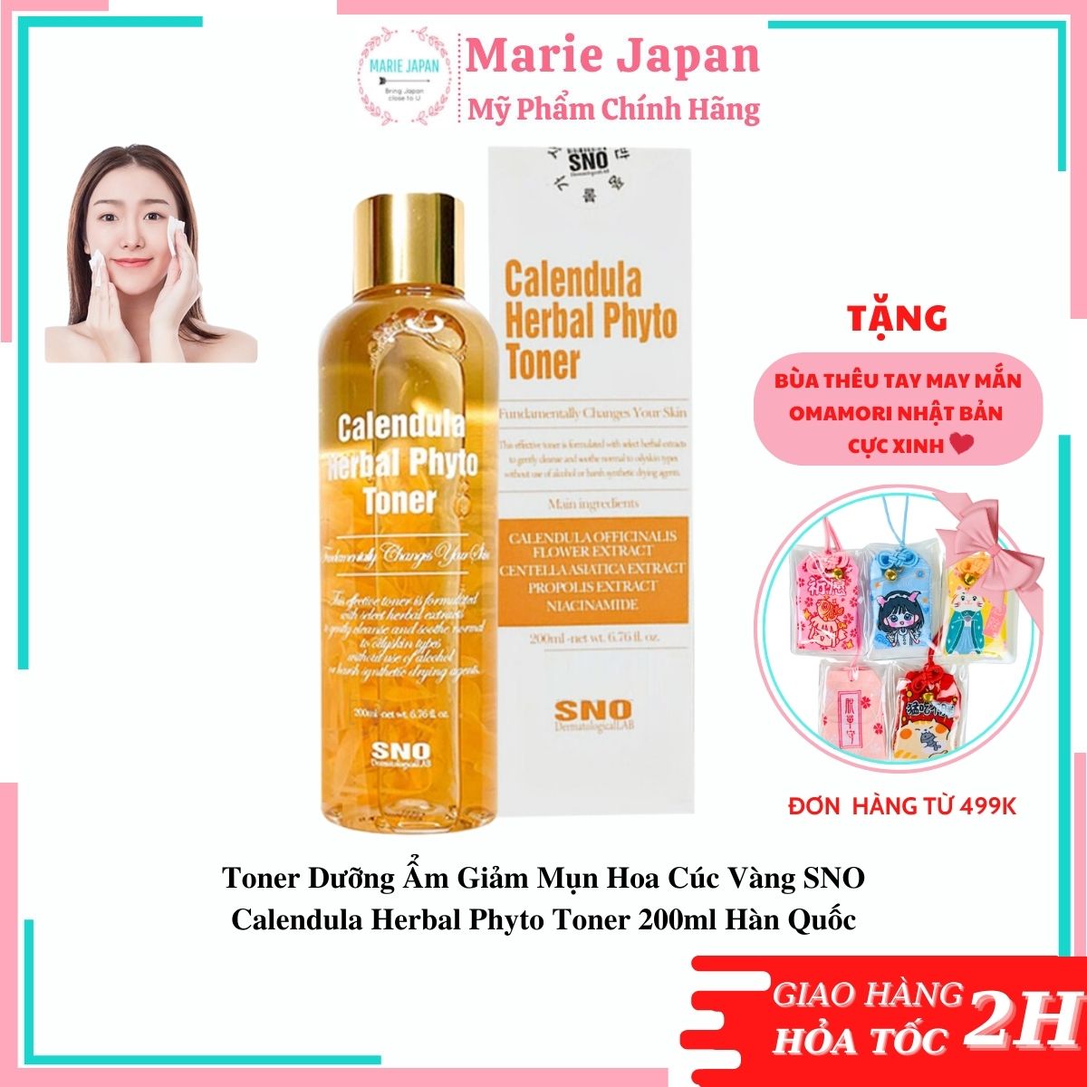 Toner dưỡng ẩm giảm mụn hoa cúc vàng sno calendula herbal phyto toner 200ml hàn quốc