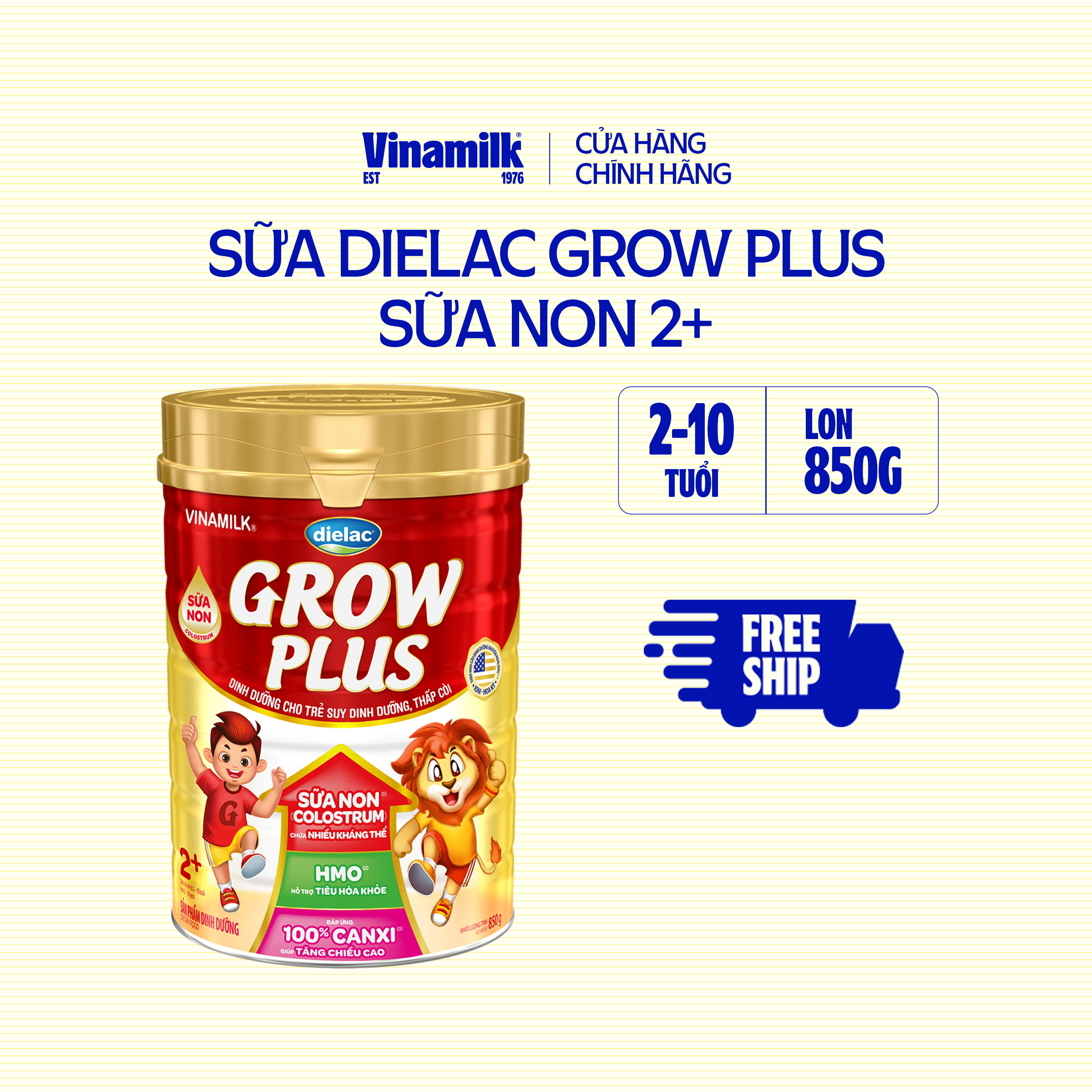 Sữa Non Vinamilk Dielac Grow Plus 2+ HT 850g (Sữa bột cho Trẻ Từ 2 - 10 Tuổi) - Tăng cân cao khỏe, hỗ trợ Bé suy dinh dưỡng, thấp còi