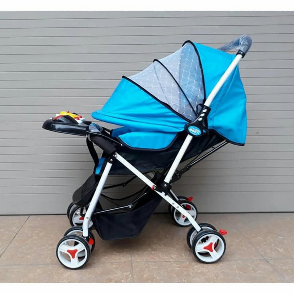 Xe đẩy Cao cấp 2 chiều 3 tư thế (Có nhạc + bảo hiểm + phanh chân + giỏ để đồ)