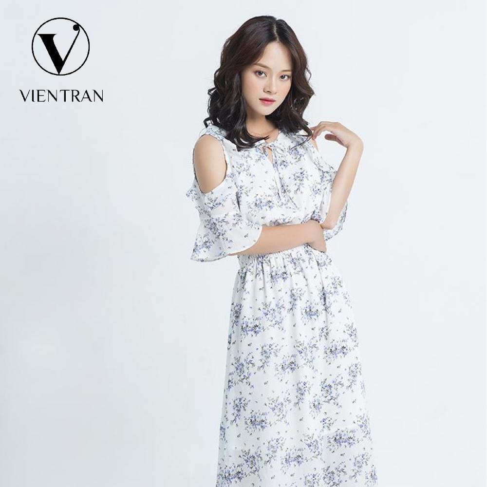 Đầm Maxi Hở Vai, Tay Loe Vien Tran V63M18H029 (Trắng/Hồng)