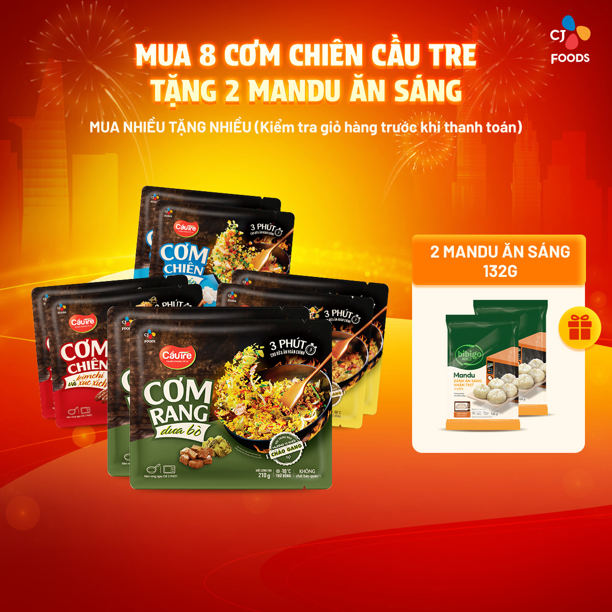 [Tặng 2 Mandu ăn sáng] Combo 8 gói Cơm chiên Cầu Tre vị Hải sản, Dưa bò, Gà cháy tỏi, Kim chi xúc xích (210g x 8) (Chọn giao 2h)
