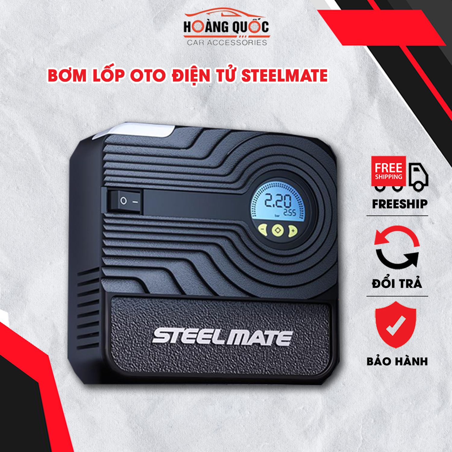 Bơm lốp ô tô mini điện tử tự động ngắt STEELMATE, bơm đa năng dùng để bơm lốp ô tô, xe máy, xe đạp, bơm bóng, phao bơi,...