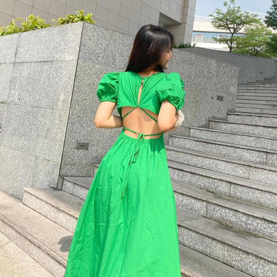 [OUTLET SALE] DOTTIE - Đầm midi tay phồng hở lưng nữ DOTTIE xanh lá - D0253