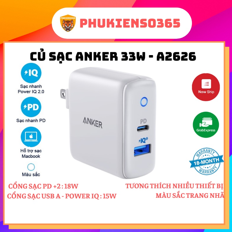 Sạc Anker PowerPort Pd+2 33w , Usb-c PD, PowerIQ2.0 - A2626 ( BH 18 Tháng )