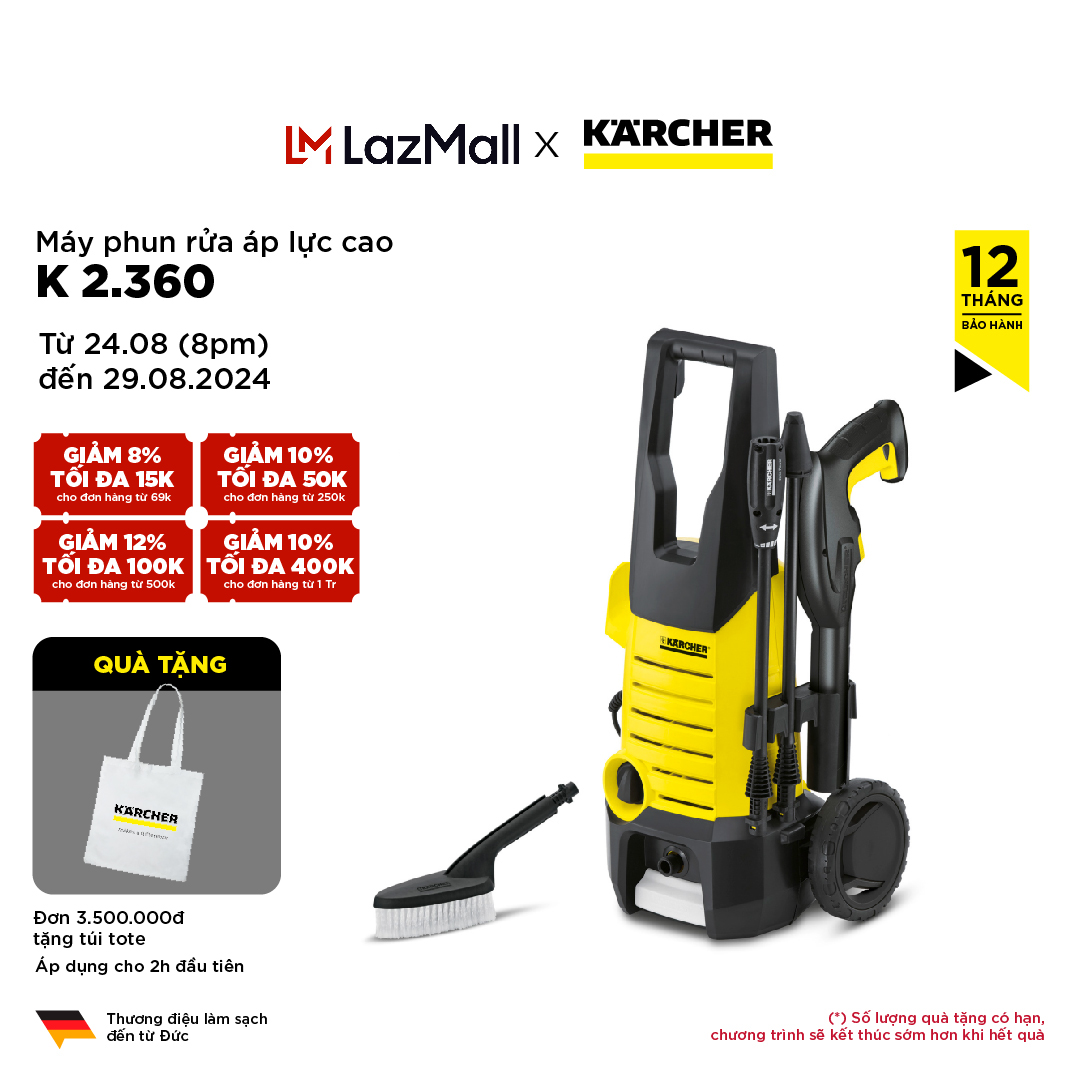 Máy xịt rửa xe Karcher K 2.360, Máy rửa xe áp lực cao 1400w, lưu lượng nước 360 (l/h) kèm 7 món phụ kiện