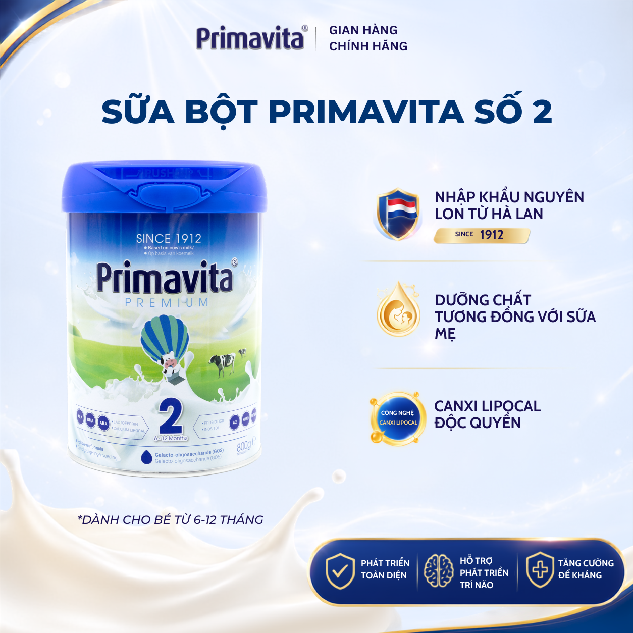 Sữa bột Primavita Premium số 2 cân bằng hệ vi sinh đường ruột, giúp trẻ hấp thu dinh dưỡng tối đa (6-12 tháng tuối)