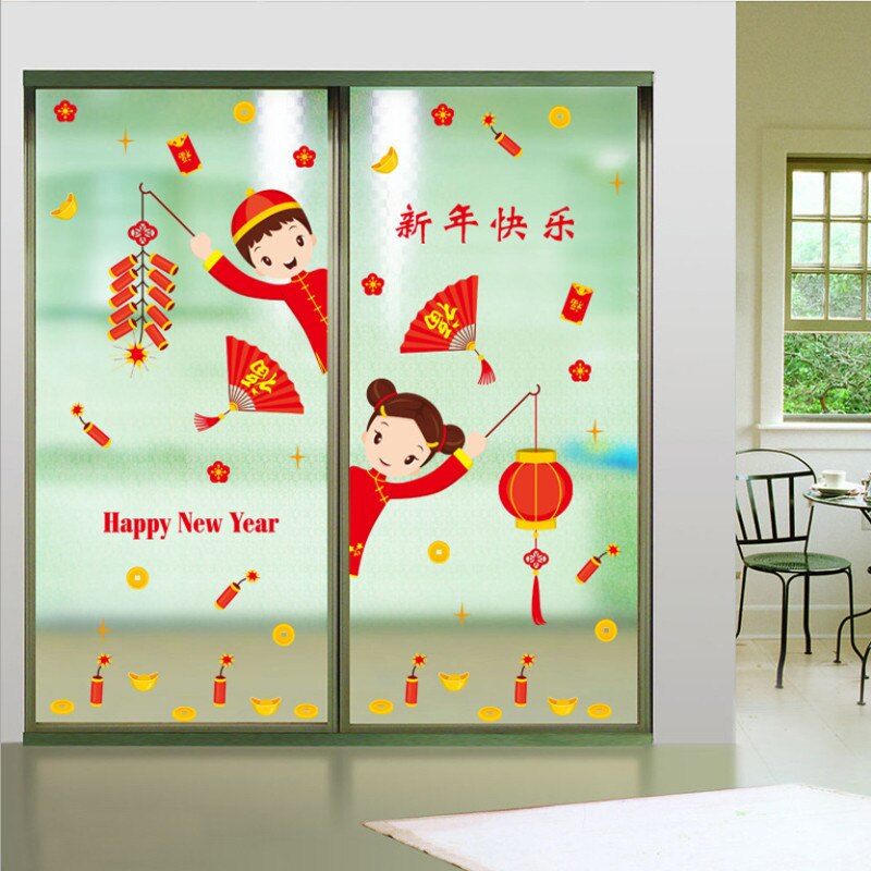 Decal dán tường Chúc mừng năm mới - Tranh Dán Tường Trang Trí Têt Bé trai bé gái chúc mừng năm mới 2022