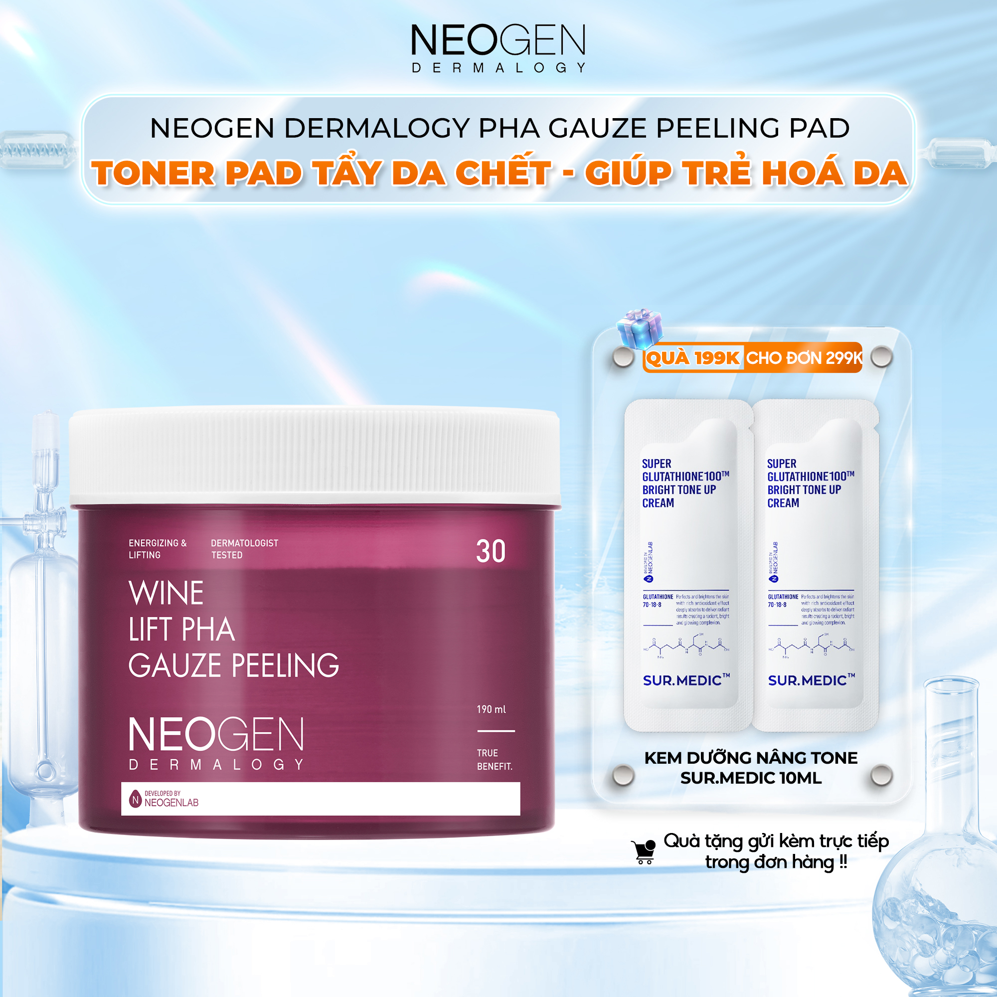 Toner Pad Tẩy Da Chết Rượu Vang Nâng Cơ Và Trẻ Hoá Da Neogen Dermalogy Wine Lift PHA Gauze Peeling 30 Miếng