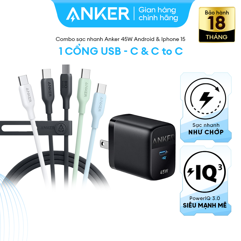 Combo sạc nhanh Anker 45W cho Android & Iphone 15 series