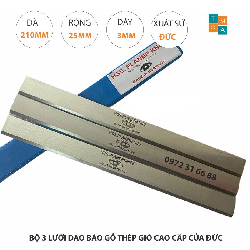 Bộ 3 lưỡi dao bào gỗ thép hss cao cấp 210x25x3mm của đức - lưỡi dao bào con mắt