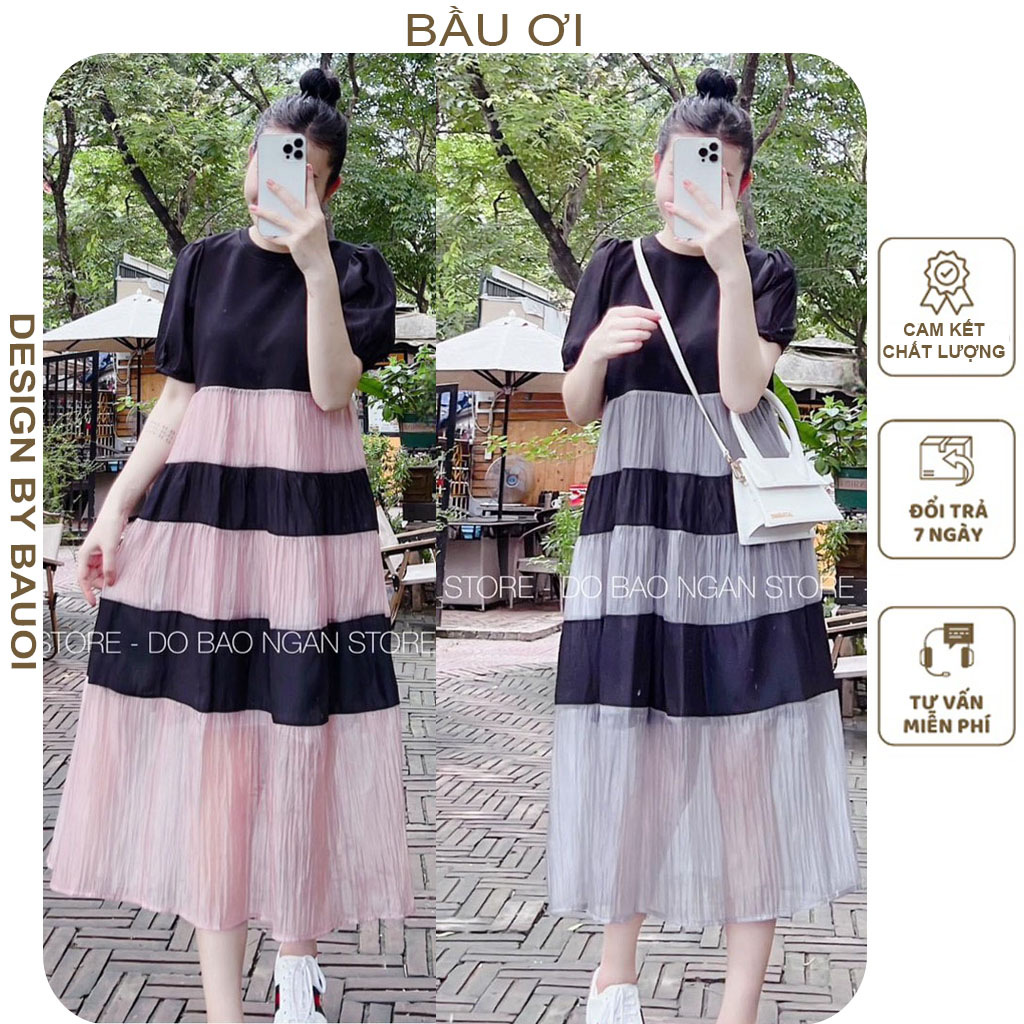 Đầm bầu xinh mặc đi làm đi chơi đều đẹp dáng suông tầng cực xinh - váy bầu tiểu thư thời trang thiết kế freesize