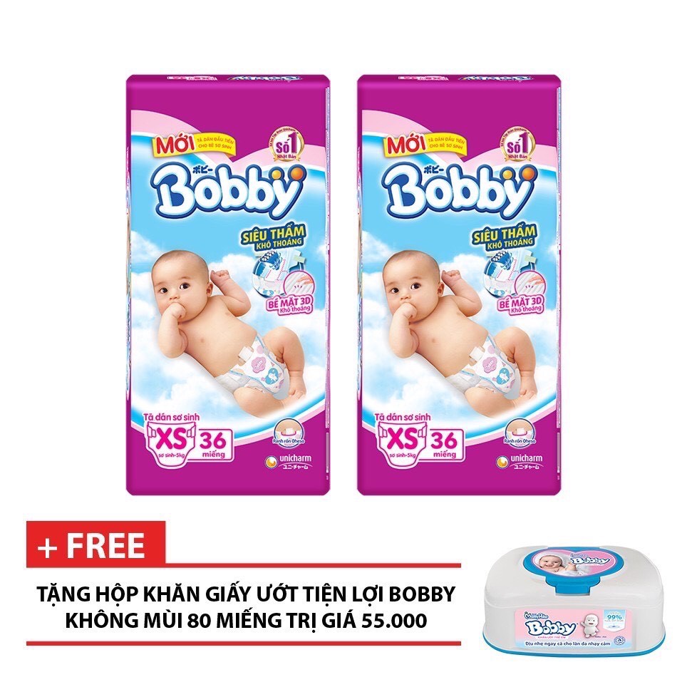 [Tặng 1 hộp khăn ướt] 2 gói Tã Dán Bobby Sơ Sinh NewBorn Siêu Thấm size XS 36 (36 Miếng) Tã dán Bobby size XS Tã dán Bobby size XS - 72 miếng