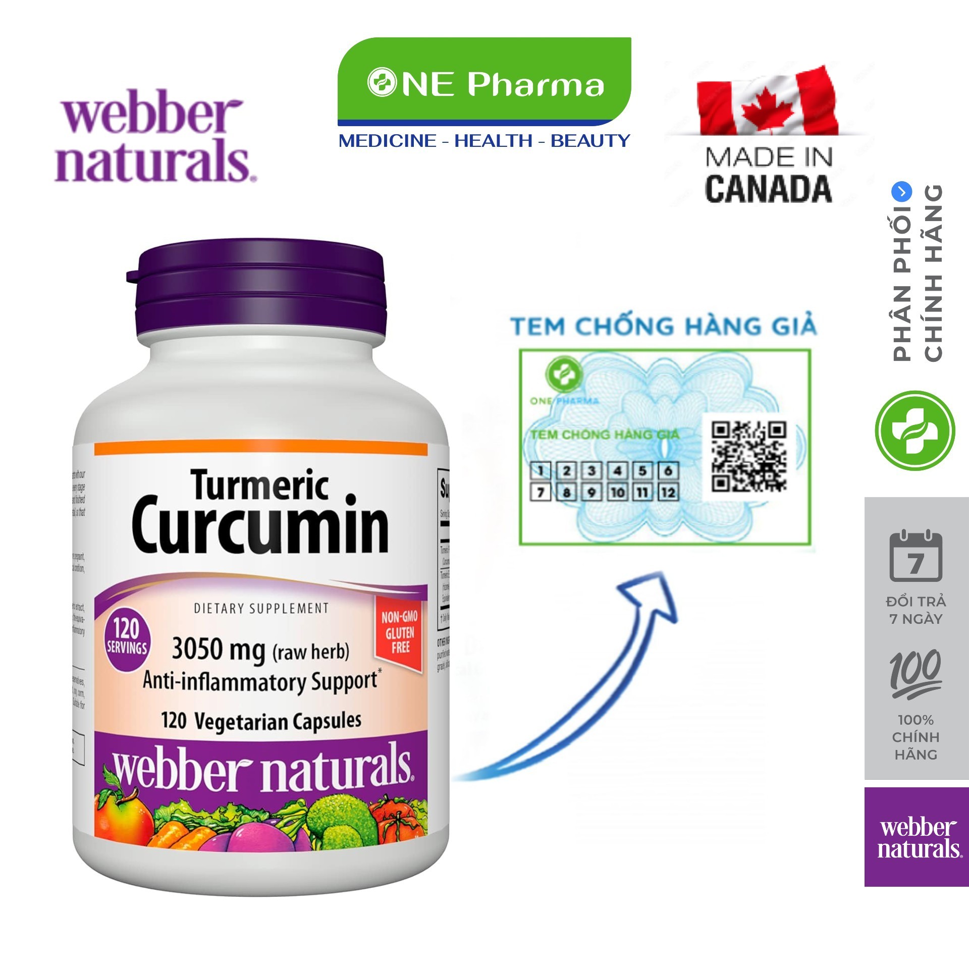 Viên uống Nghệ Curcumin Webber Naturals 3.050 mg [120 Viên] Hỗ trợ tiêu hóa, khớp và chống oxy hóa