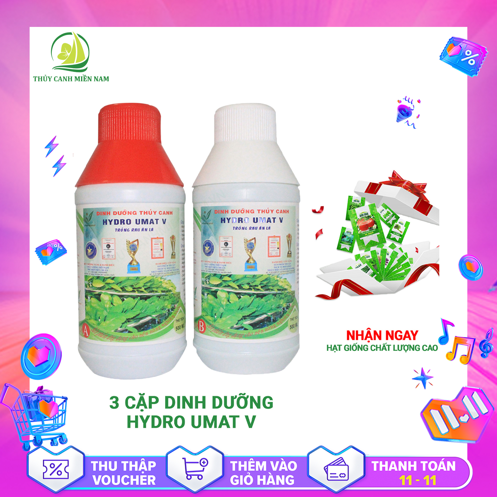 Combo 3 Cặp Dung Dịch Thủy Canh HydroUmat V + Tặng 1 hạt giống rau dền