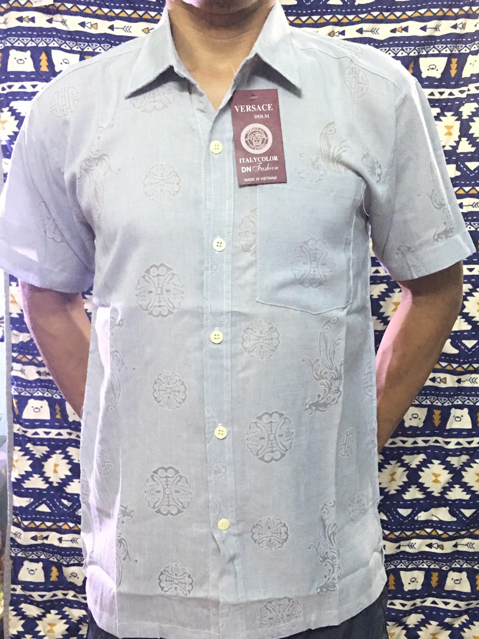 Áo Sơ Mi Đại Gia Ngắn Tay Chất Vải Dày Đẹp,Họa Tiết Vân Chìm, Hoa Văn Dân Gian Truyền Thống