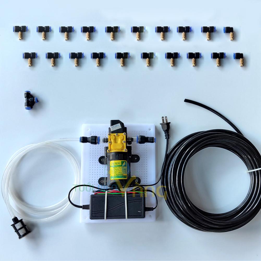 Bộ máy bơm phun sương làm mát 20 bét số 2 22 mét dây phun sương máy phun sương 60w đã lắp sẵn trên bảng điện và đầy đủ phụ kiện lắp đặt hoàn chỉnh