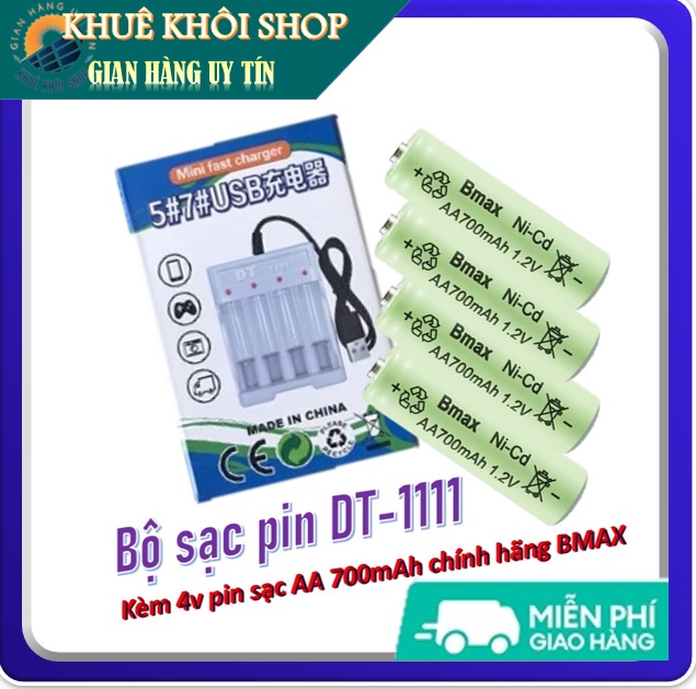 Sạc pin tiểu pin sạc 2a và 3a tặng kèm 4 pin sạc aa 700mah chính hãng bmax