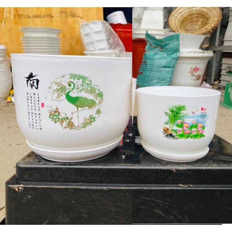 (14x12cm kèm đĩa rời) Chậu nhựa tròn giả sứ họa tiết 3D không phai cao cấp_chậu nhựa tròn để bàn size 1