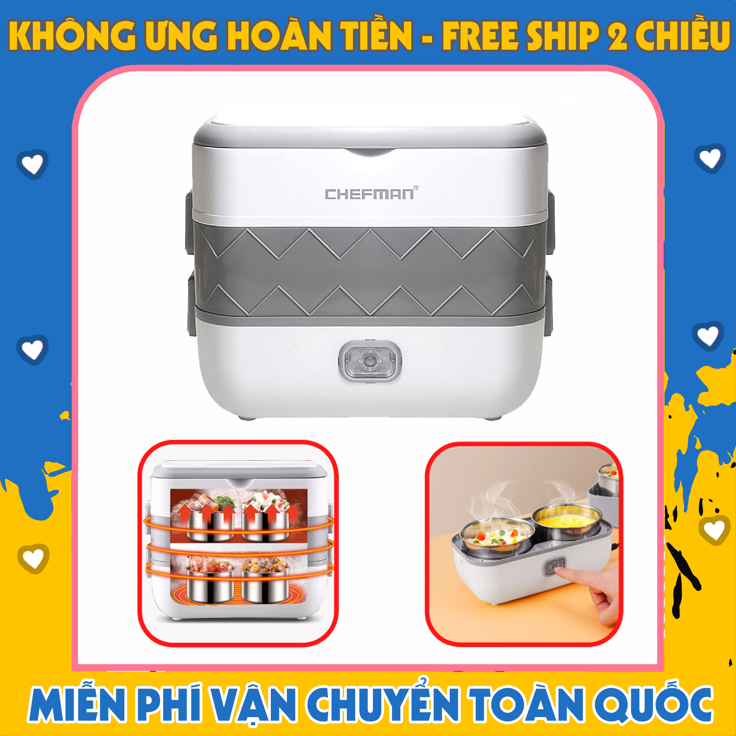 Hộp Cơm Hâm Nóng Chefman Cao Cấp - Nồi cơm điện hâm nóng cho dân văn phòng, Hộp Cơm Căm Điện Chefman Siêu Tiện Lợi - Bảo Hành 24 Tháng