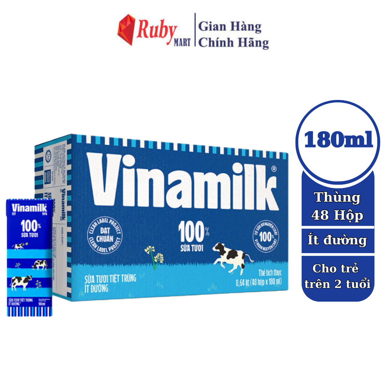 Thùng 48 hộp sữa tươi tiệt trùng vinamilk 100% ít đường 180ml